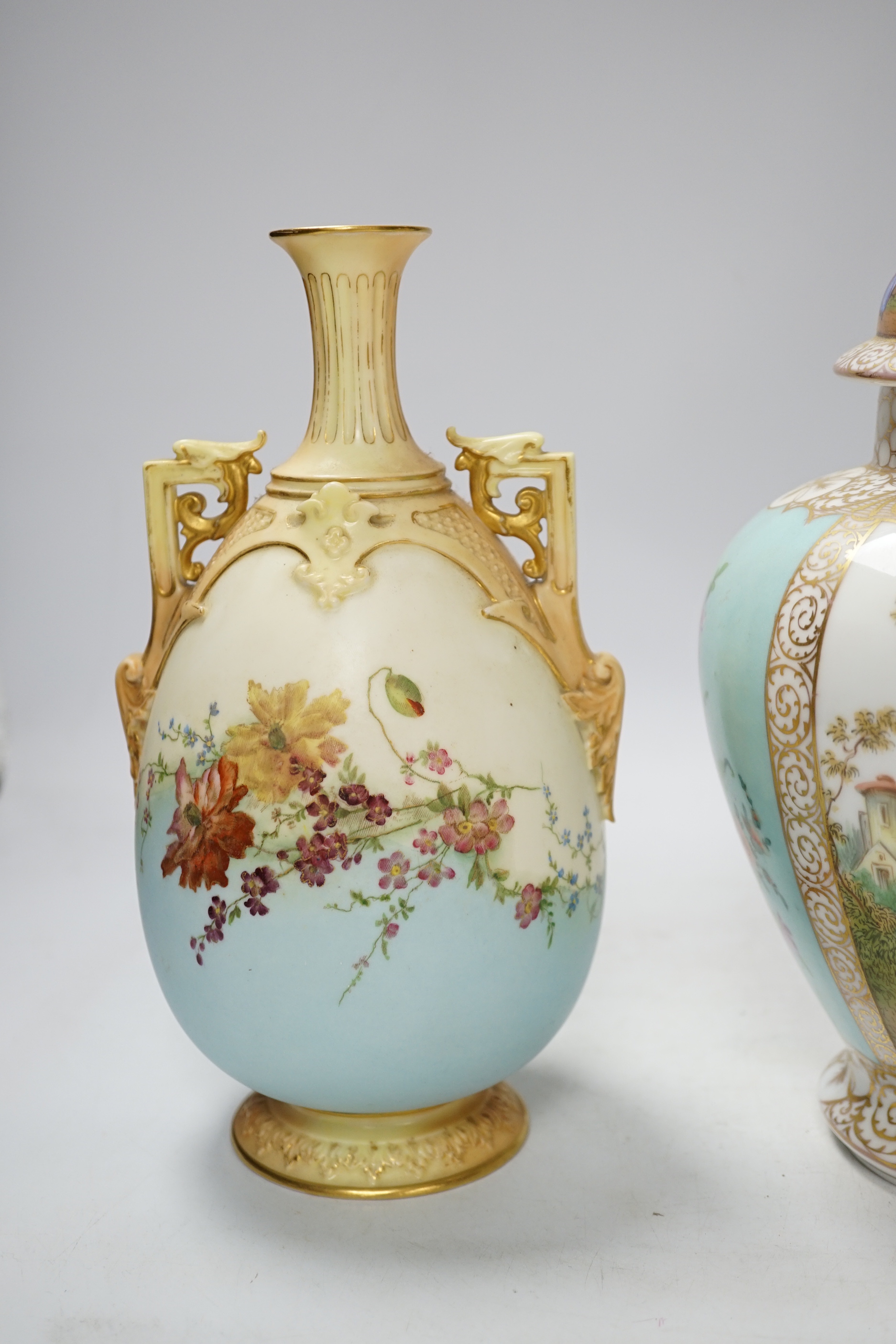 A Dresden vase and cover together with a Worcester vase , 1539 shape, tallest 27cm